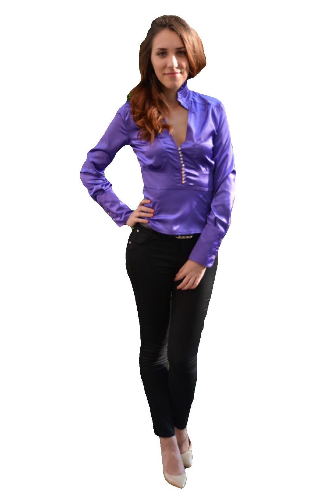 Camasa din saten, cu nasturi deosebiti cu pietre, D&J Exclusive, Mov, 36