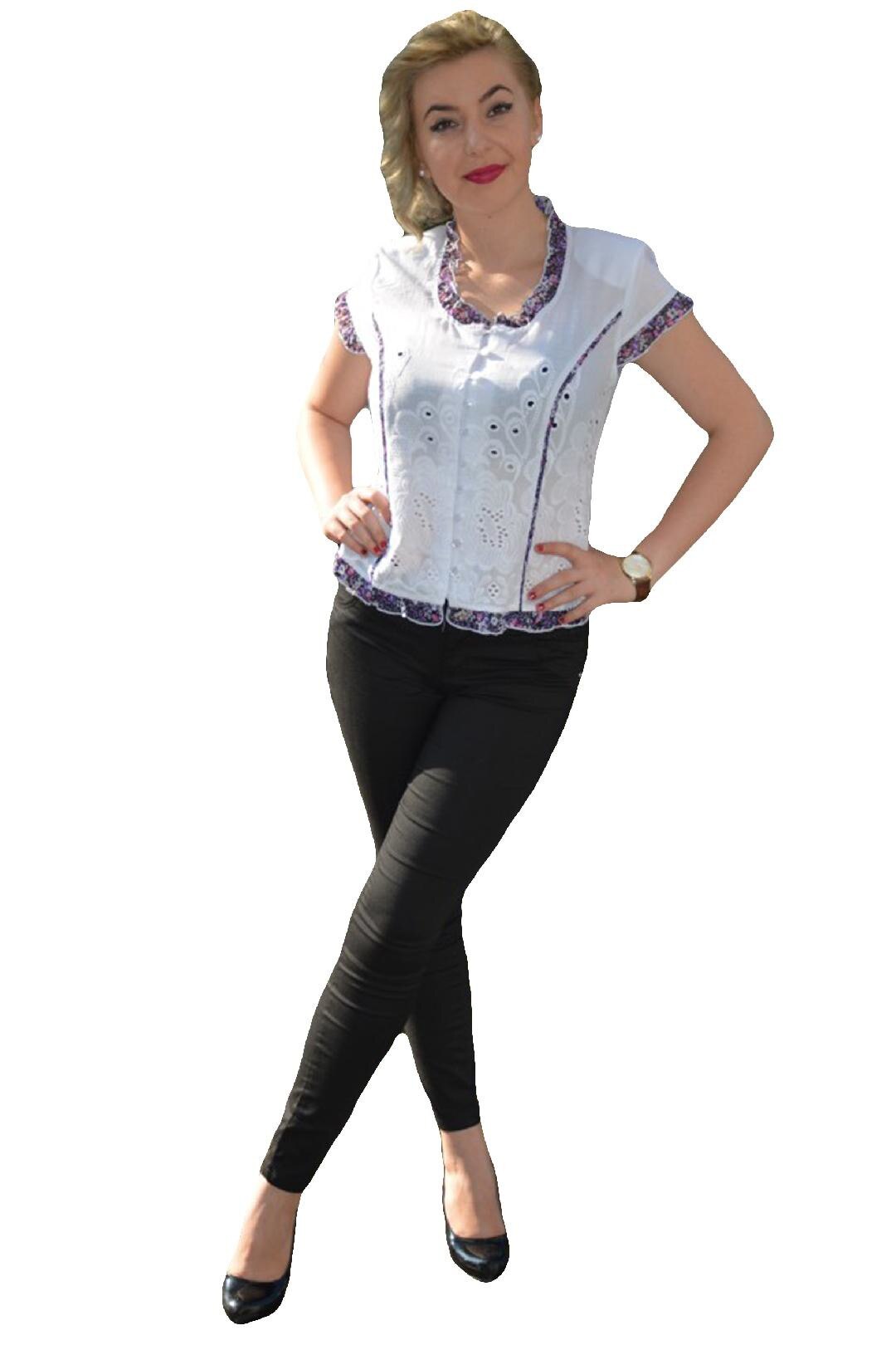 Camasa din bumbac, cu motive brodate, D&J Exclusive, Alb