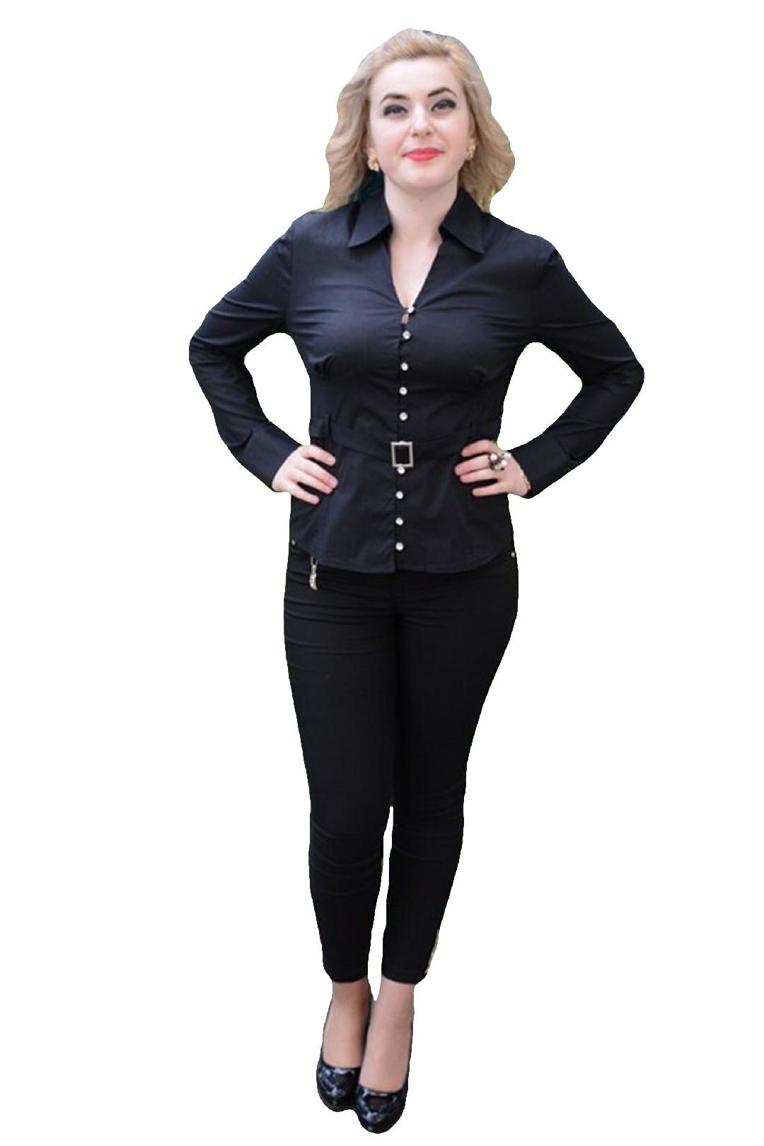 Camasa cu decolteu in V si curelusa in talie, D&J Exclusive, Negru