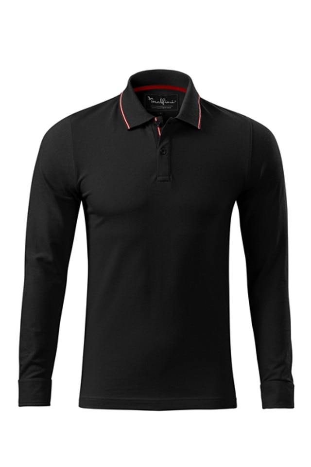 Tricou barbati, Malfini, Contrast Stripe LS polo, cu maneci lungi, Negru