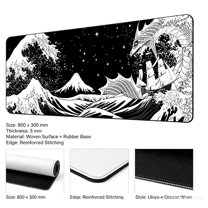 Mouse pad pentru gaming, antiderapant, impermeabil, cusaturi durabile, material cauciucat, cusaturi rezistente la rupere, schema de culori alb-negru, potrivit pentru gaming si utilizare la birou, 80x30 cm