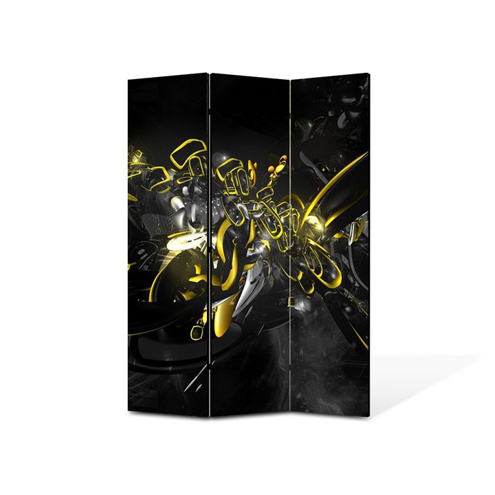 Paravan de Camera ArtDeco din 3 Panouri Abstract Decorativ Compozitie cu galben si negru 105 x 150 cm