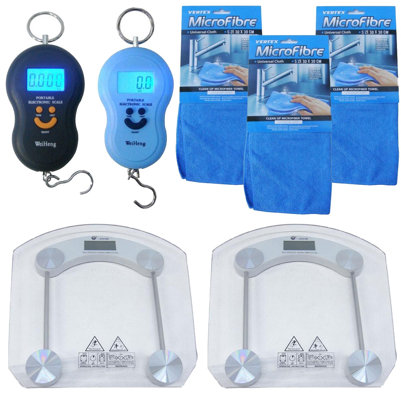 Pachet - 2 x Cantar pentru persoane, electronic (transparent) + 2 x Cantar electronic, Portabil, 40kg (Negru, Bleu) + 3 x Lavete din microfibre