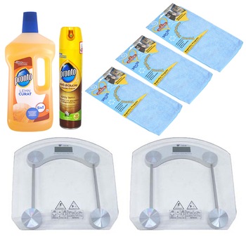 Pachet - 2 x Cantar electronic pentru persoane + Pronto Detergent lichid pentru pardoseli din lemn, 750ml + Spray Pronto pentru mobila, 300ml + 3 x Laveta Microfibre Pachet - 2 x Cantar electronic pentru persoane + Pronto Detergent lichid pentru pardoseli din lemn, 750ml + Spray Pronto pentru mobila, 300ml + 3 x Laveta Microfibre