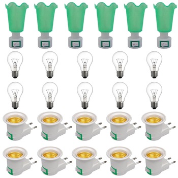 Pachet - 6 x Lampa de veghe cu intrerupator, lumina calda + 10 x Stecher cu fasung si intrerupator, E27 + 10 x Bec E27, 100W Pachet - 6 x Lampa de veghe cu intrerupator, lumina calda + 10 x Stecher cu fasung si intrerupator, E27 + 10 x Bec E27, 100W