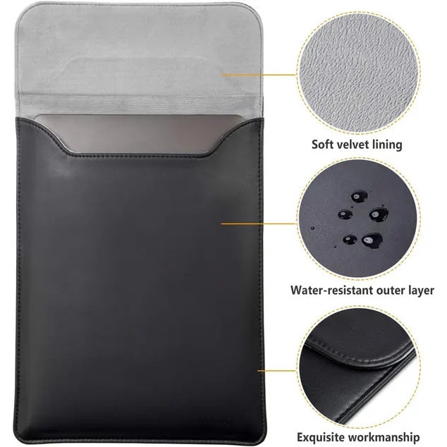 Husa pentru laptop din piele naturala (lambskin) compatibila cu MacBook Air, cu borseta pentru accesorii, negru, 13 inch