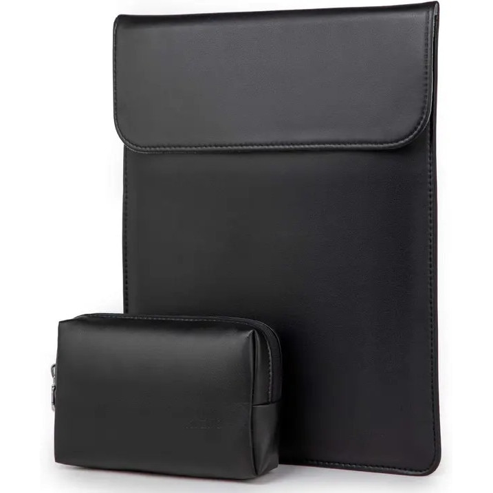 Husa pentru laptop din piele naturala (lambskin) compatibila cu MacBook Air, cu borseta pentru accesorii, negru, 13 inch
