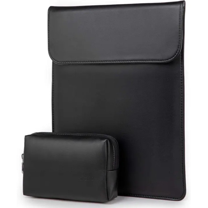 Husa pentru laptop din piele naturala (lambskin) compatibila cu MacBook Air, cu borseta pentru accesorii, negru, 13 inch