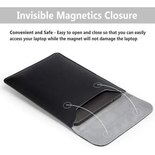 Husa pentru laptop din piele naturala (lambskin) compatibila cu MacBook Air, cu borseta pentru accesorii, negru, 13 inch