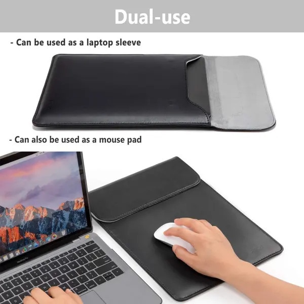 Husa pentru laptop din piele naturala (lambskin) compatibila cu MacBook Air, cu borseta pentru accesorii, negru, 13 inch