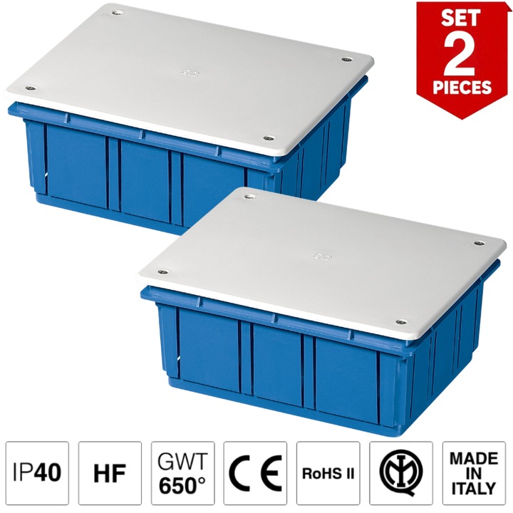 Doza, Cutie de Derivatie, SET 2 Bucati Montaj Incastrat, Montarea Capacului ( Cu Suruburi), Halogen Free, IP40, 160x130x70 mm, EC350C5BL Elettrocanali Italia