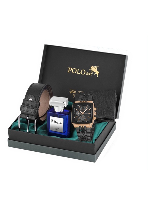 Мъжки подаръчен комплект от 4 части, Polo Air, Кварцов часовник, колан, Портфейл и Парфюм 55 мл, Черен