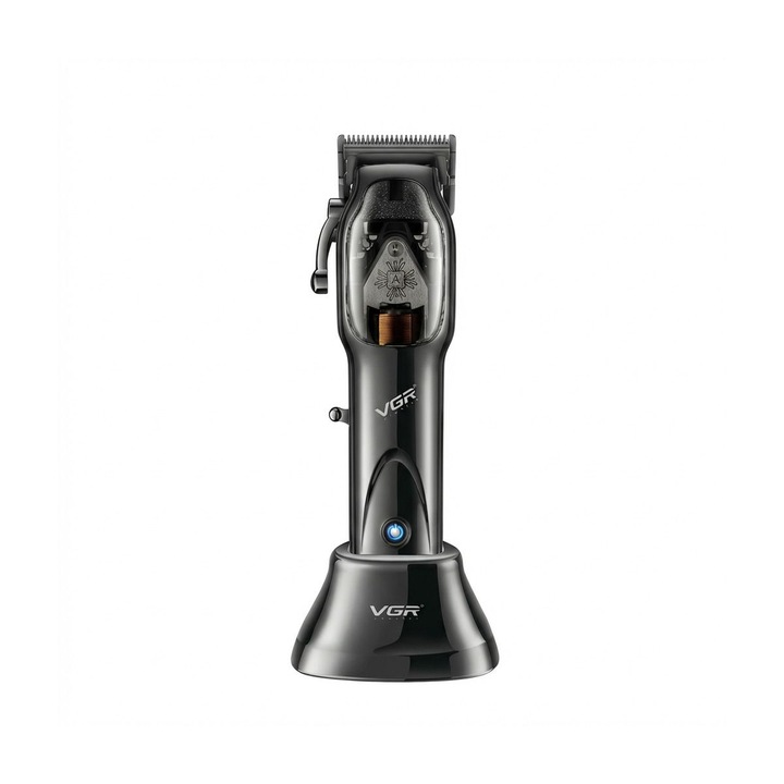 Mașină de tuns VGR V-653, lame cu acoperire DLC, levier reglabil pentru lungime, 4 buc. accesorii, încărcare USB, baterie Li 2500mAh, până la 100 min autonomie, suport