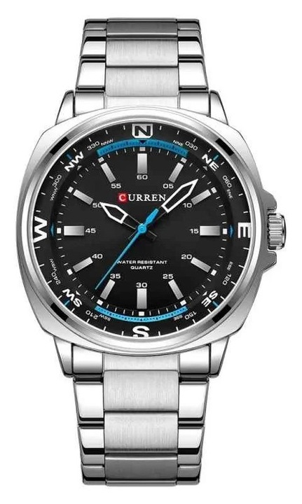 Мъжки часовник CURREN 8455 Quartz 41 мм, верижка от неръждаема стомана, 3 ATM, черен циферблат със сини акценти