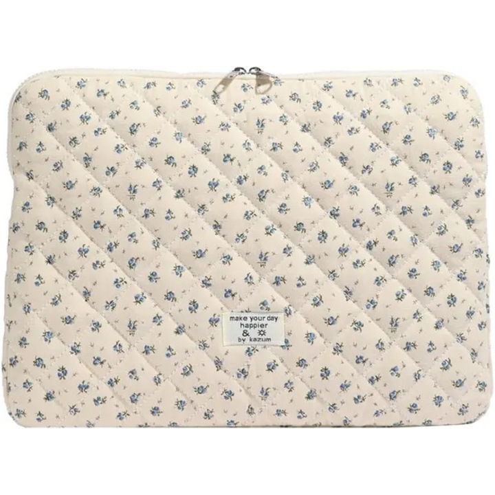 Husa laptop din textil matlasat cu model floral si captuseala, crem/albastru, 15"