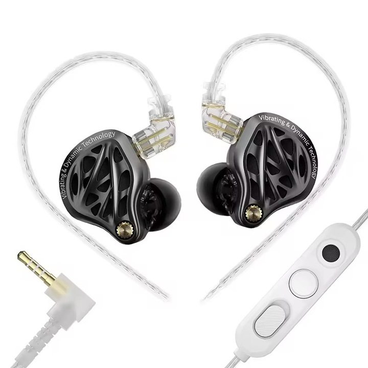 Casti KZ Acoustics Vibe X, HiFi cu driver de vibratii de 13 mm Dual Driver Hibrid, monitor IEM In Ear, design ergonomic, Jack 3.5mm cu microfon HD, Negru