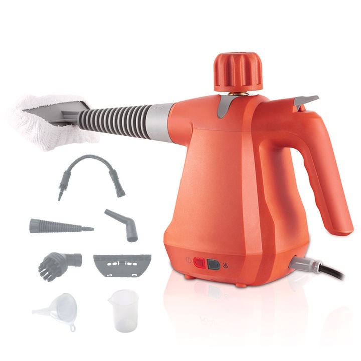 Aparat multifunctional de curatare cu abur la temperatura inalta, potrivit pentru indepartarea petelor de grasime din bucatarie, 1000 W, 350 ml, 23 × 16 × 12 cm, rosu-portocaliu