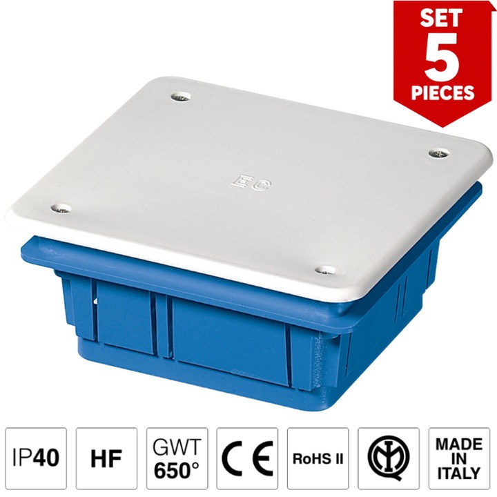 Doza, Cutie de Derivatie, SET 5 Bucati, Montaj Incastrat, Montarea Capacului ( Cu Suruburi), Halogen Free, IP40, 92x92x45mm, EC350C1BL Elettrocanali Italia