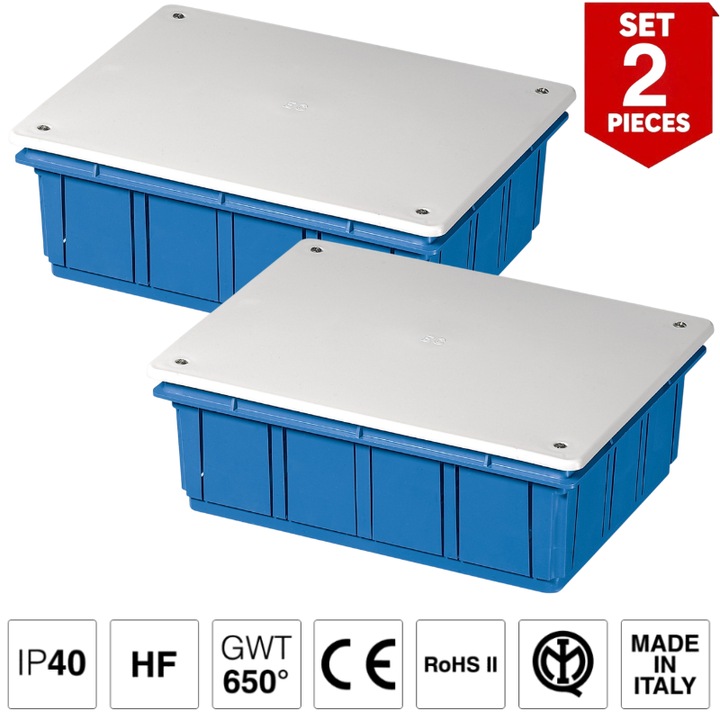 Doza, Cutie de Derivatie, SET 2 Bucati Montaj Incastrat, Montarea Capacului ( Cu Suruburi), Halogen Free, IP40, 196x152x70 mm, EC350C6BL Elettrocanali Italia