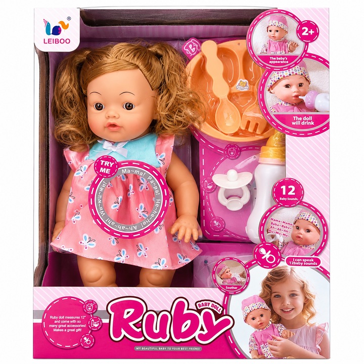 Papusa Fetita, Rubi, Interactiva, 12 Sunete, Functie de Baut si eliminare a apei, Biberon, Olita, Suzeta si Accesorii, 30 cm, +2 Ani