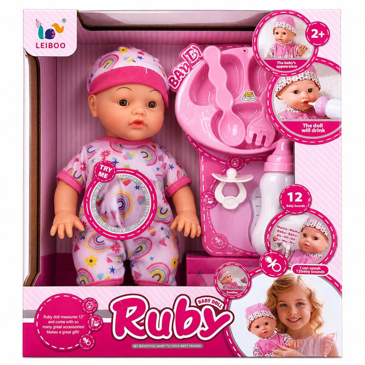 Papusa Bebelus Ruby Interactiva, 12 Sunete, Functie de Baut si eliminare lichide, cu Biberon, Suzeta, Accesorii si olita, 30 cm, +2 Ani