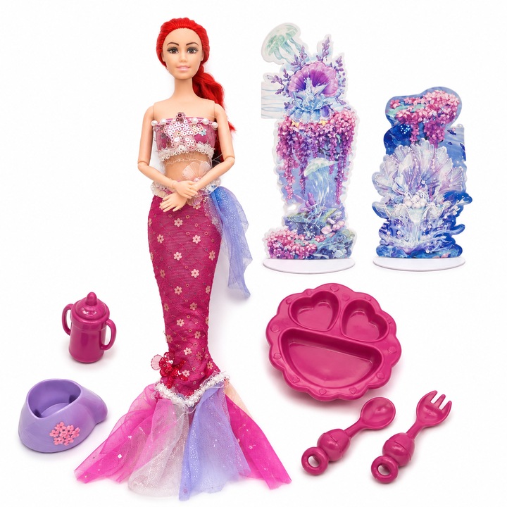 Papusa Sirena cu Par Roscat si Coada de Sirena Multicolora, Jucarie Fashion pentru Fete, +3 Ani