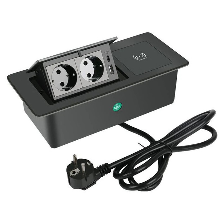 Priza incastrabila pentru blat KP-PU-K0238-260903-061, 2 prize Schuko, 1 x USB-A, 1 x USB-C PD20W, incarcare wireless Qi 15W, capac glisant, 15A, negru