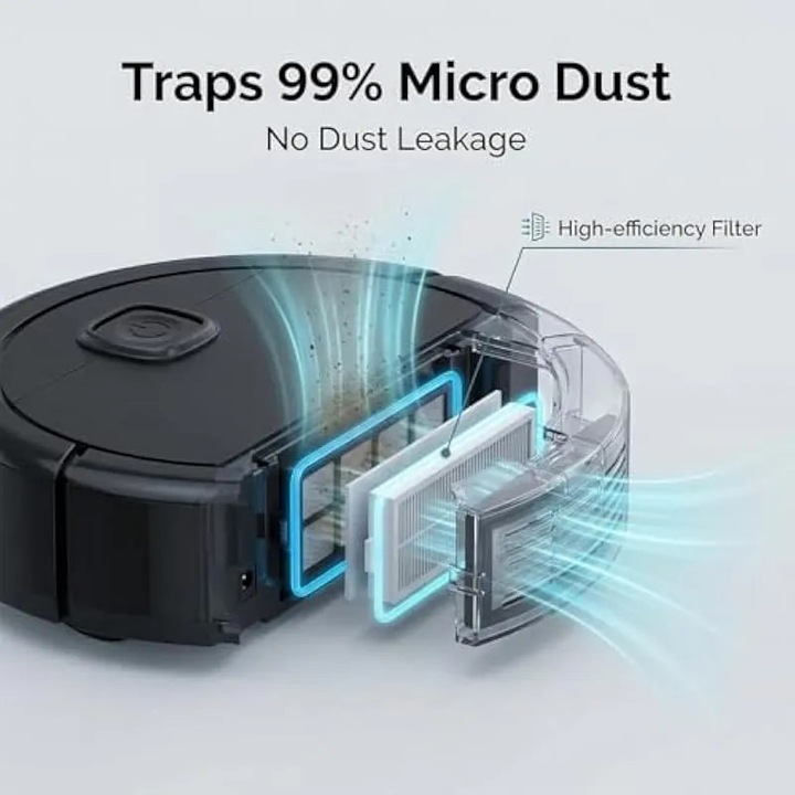 Aspirator robotizat, zgomot redus, silentios, aspirare puternica, filtrare in mai multe etape, evitare automata a obstacolelor pentru lemn masiv, gresie, covoare si par