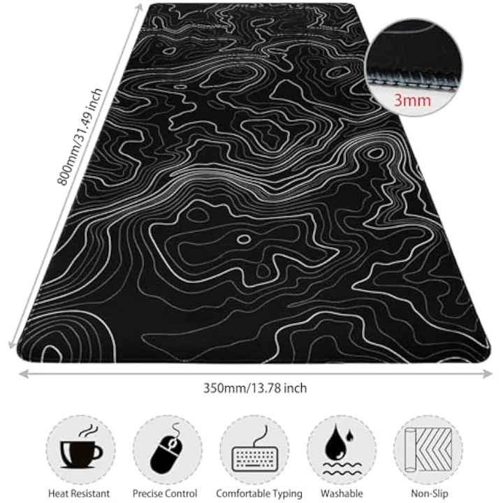 Niviy Covoras de mouse topografic pentru birou pentru jucatori, protector de birou antiderapant cu margini cusute, negru, 800 x 350 x 3 mm