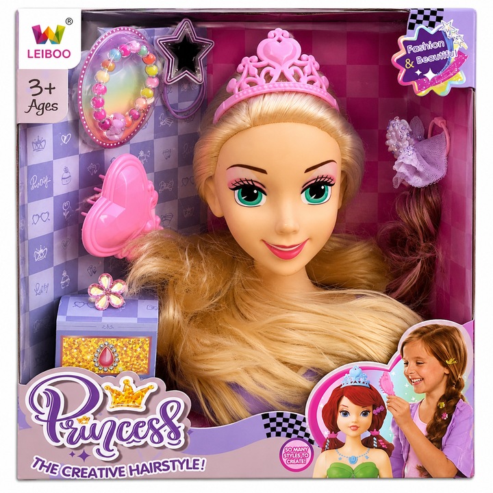 Cap de Papusa Princess pentru Coafat si Styling, cu Par Blond Lung, Coronita, Perie si Accesorii de Par, +3 Ani