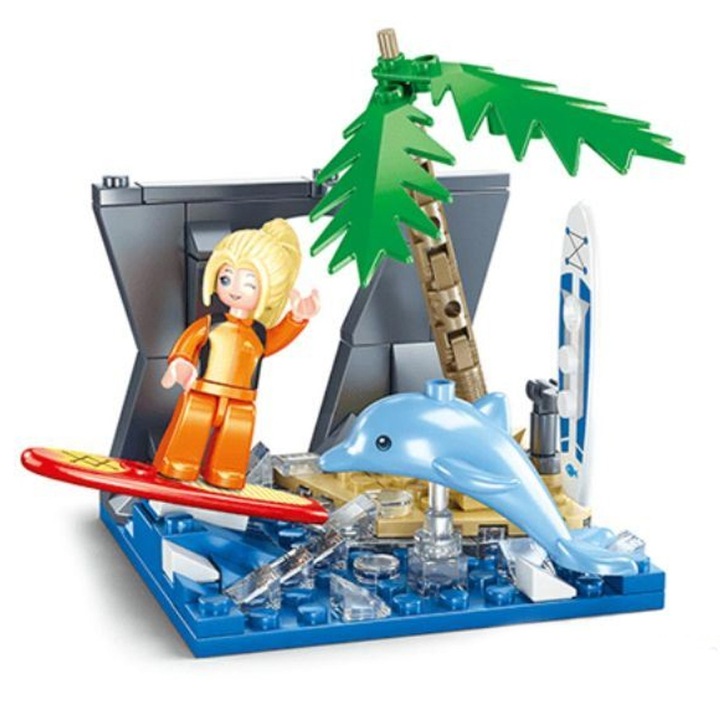 Set de Constructie Sluban Girl's Dream, La Surf, 101 Piese, Zona Agrement Acvatica cu Delfin, Valuri si Figurina, 6-12 Ani