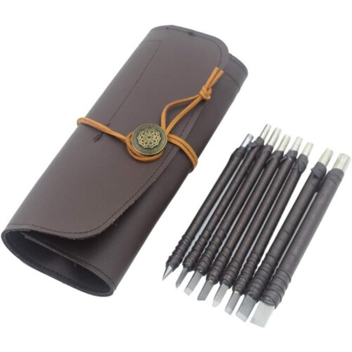 Set de 8 dalte pentru sculptura in piatra OB-k0509--260903-710, lame din otel tungsten, manere din otel carbon, husa din piele, maro, 150 mm