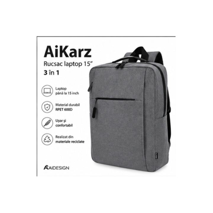 Makito, Rucsac laptop din poliester RPET 600D cu compartiment captusit pentru 15.6 inch, curea trolley si buzunare invizibile anti-furt, model 21821008000, gri