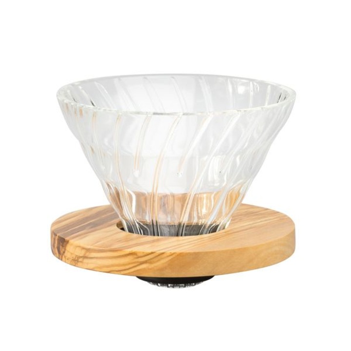 Dripper de cafea Hario V60-01 din sticla cu baza din lemn de masline (Olive Wood), transparent/Olive Wood, 200–350 ml
