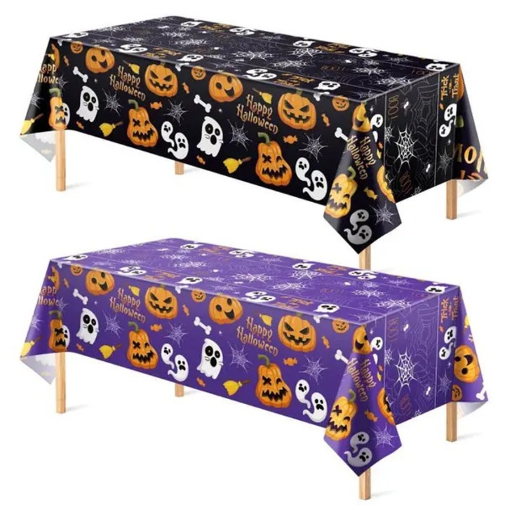 Fata de masa pentru Halloween ROSA-CJk0515-26-0903-062, din plastic gros de unica folosinta, impermeabila, imprimata cu dovleci si fantome, negru/mov, set 2, 132 x 221 cm (52 x 87 in)