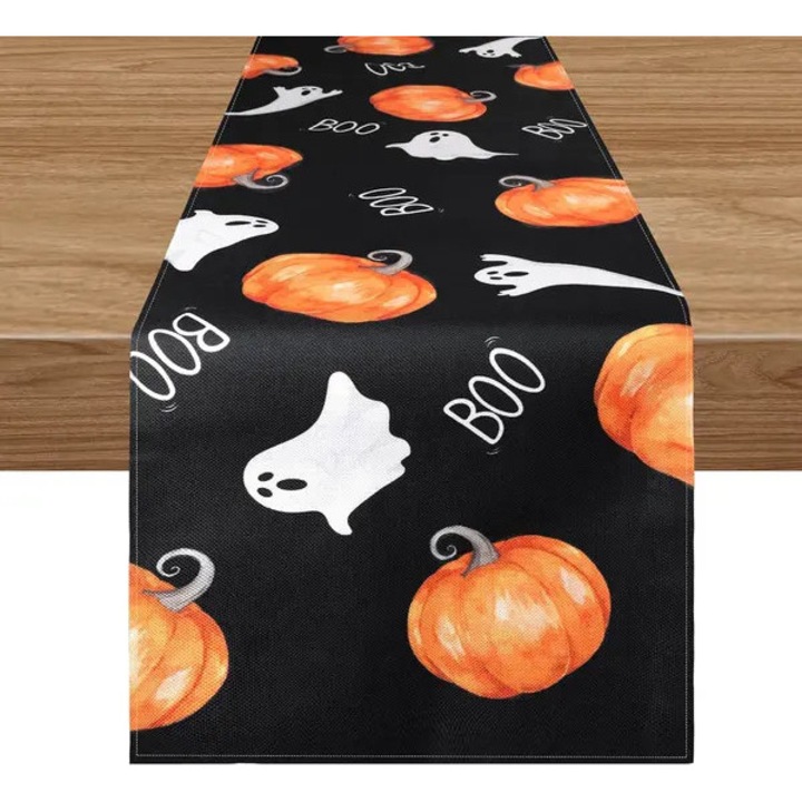 Traversa de masa din poliester cu model Halloween cu dovleci si fantome, negru, 36 x 183 cm