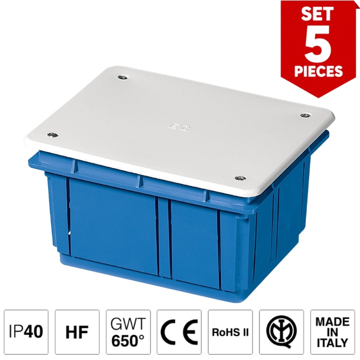 Doza, Cutie de Derivatie, SET 5 Bucati Montaj Incastrat, Montarea Capacului ( Cu Suruburi), Halogen Free, IP40, 120x100x70mm, EC350C3BL Elettrocanali Italia