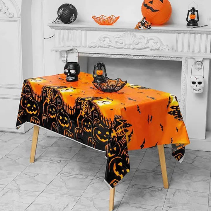 Fata de masa de Halloween imprimata cu dovleci si cranii, portocaliu/negru