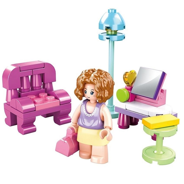 Set de Constructie Sluban Girl's Dream, Camera de Zi, 56 Piese, Include Fotoliu, Masa de Toaleta, Lampa si Figurina Fetita, 6 Ani+