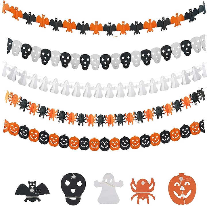 Halloween füzér E5-X004-24768-WS, 5 újrahasználható ökológiai papírmodellből álló készlet (tök, szellem, denevér, pók, koponya), Többszínű, 5 x 2.4 m