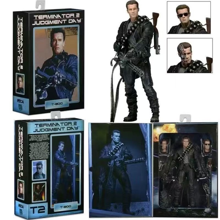 Фигурка с артикулации NECA Terminator 2 T-800, 3 сменяеми глави, аксесоари и стойка за излагане, черна, 1 бр.