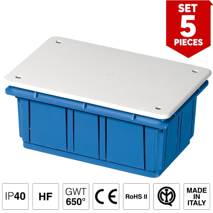 Doza, Cutie de Derivatie, SET 5 Bucati, Montaj Incastrat, Montarea Capacului ( Cu Suruburi), Halogen Free, IP40, 152x100x70 mm, EC350C4BL Elettrocanali Italia