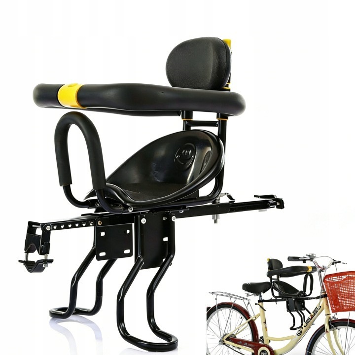 Scaun frontal pentru bicicleta copii, model 31CJ-K0274-260831-6691, negru, reglabil 40-56 cm, capacitate 25 kg, cu bara de protectie si spatar