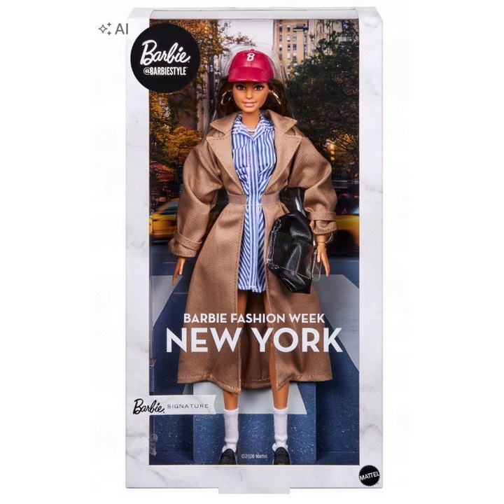 Barbie, papusa colectionara din plastic Barbie Signature Fashion Week New York JJX32, tinuta cu rochie in dungi si trenci bej, multicolor