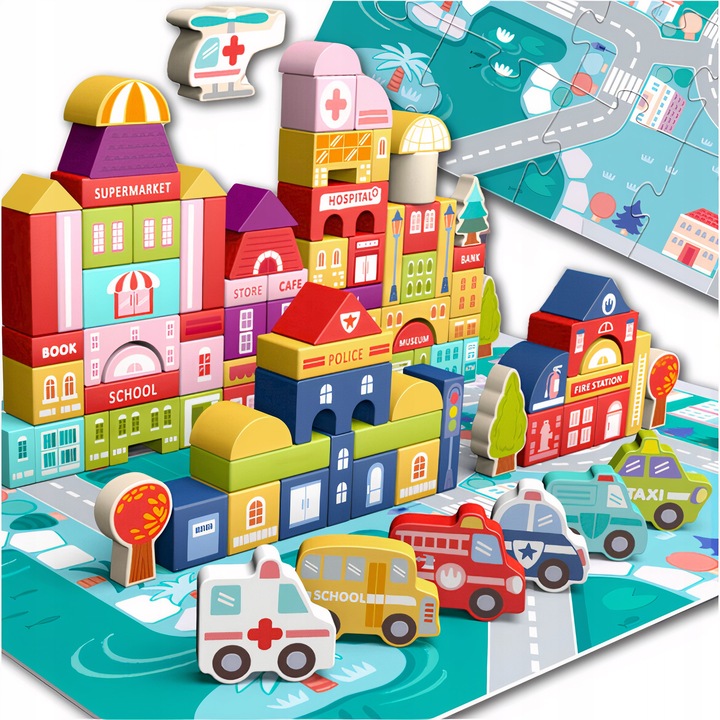 Set Cuburi Lemn Oras Masinute 115 Piese + Puzzle Educational