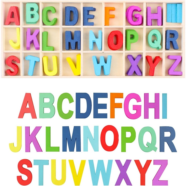Set 130 Litere Lemn (5 Seturi) cu Tava Depozitare, Majuscule A-Z 3cm