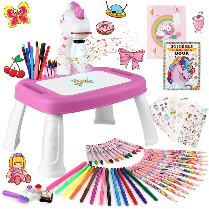 Proiector Desen Copii cu 72 Modele, Set Creativ Unicorn, Cadou 3-7 Ani