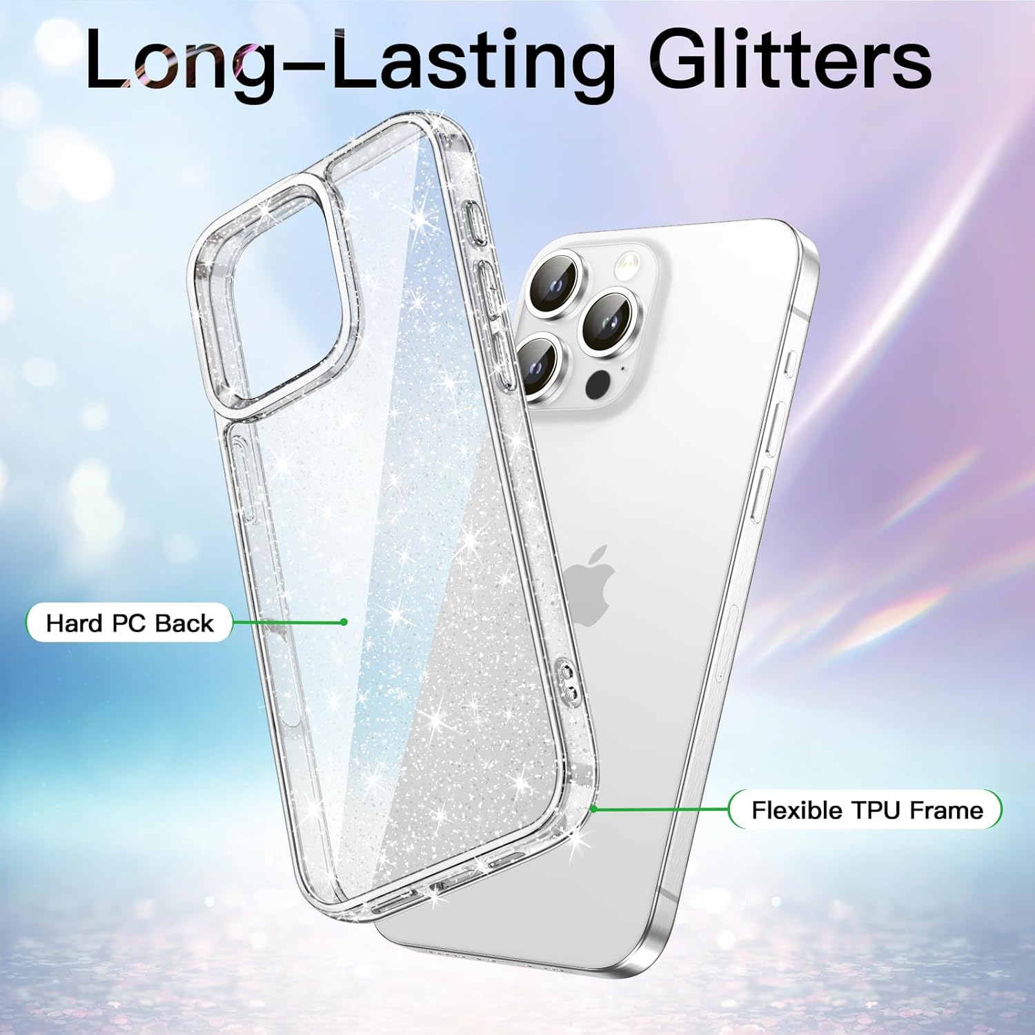 Husa din TPU transparent cu sclipici Compatibila cu iPhone 16 Pro, Slim Anti-Soc, Potrivire perfecta, Flexibil, Durabil, Colturi rezistente la impact