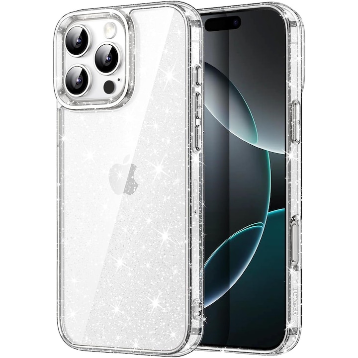 Husa din TPU transparent cu sclipici Compatibila cu iPhone 16 Pro, Slim Anti-Soc, Potrivire perfecta, Flexibil, Durabil, Colturi rezistente la impact