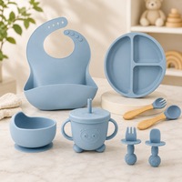 Set de hranire pentru bebelusi 9 piese, silicon, bol si farfurie cu ventuza, cana cu capac si pai, bavetica ajustabila, linguri si furculite, albastru, Impact Vision®️